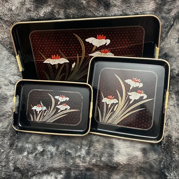 Set 3 Vintage Japanese Shiny Black Lacquer Ware Nesting Trays Gold white & Red - Picture 4 of 16